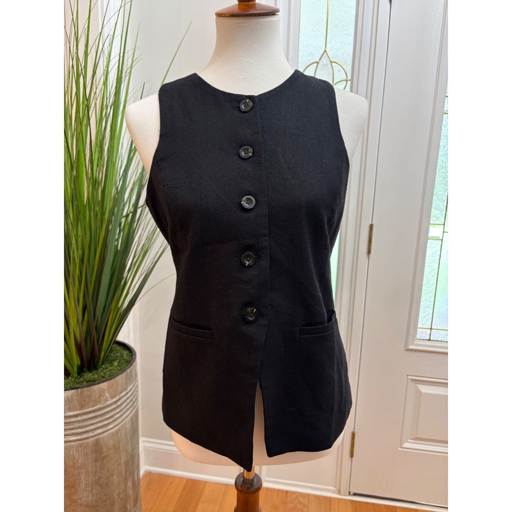 Old Navy Womens Linen Blend Long High Neck Vest Black SP Small Petite Tailored